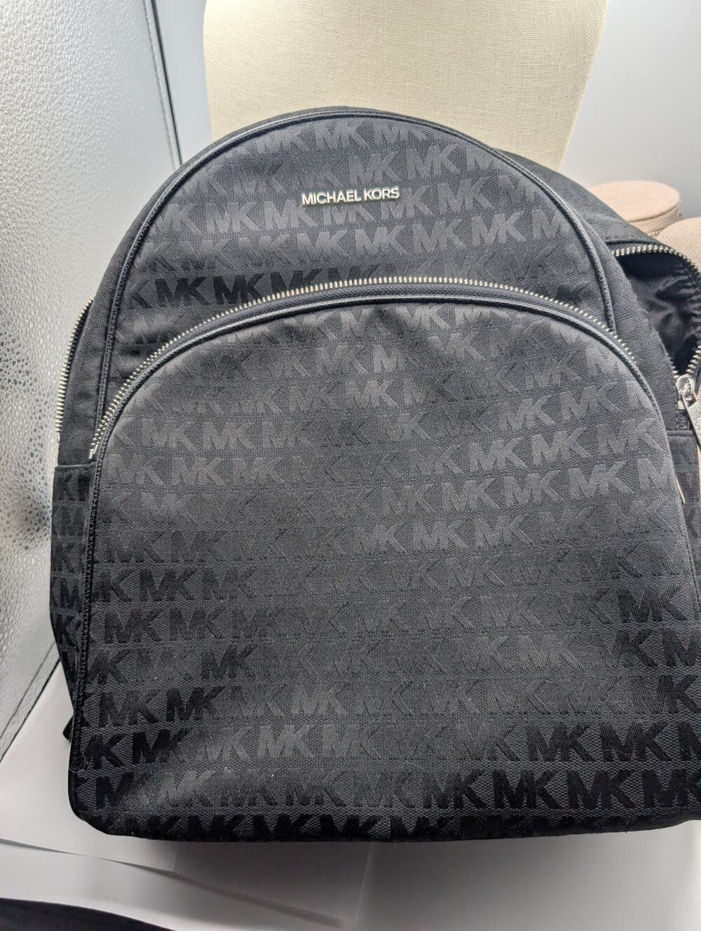 Michael Kors Kenly Large Black Signature Canvas Backpack MK Logo Silver Hardware